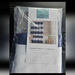 NEW Urban Habitat Blue & White Striped Shower Curtain With Silver Hooks Set
